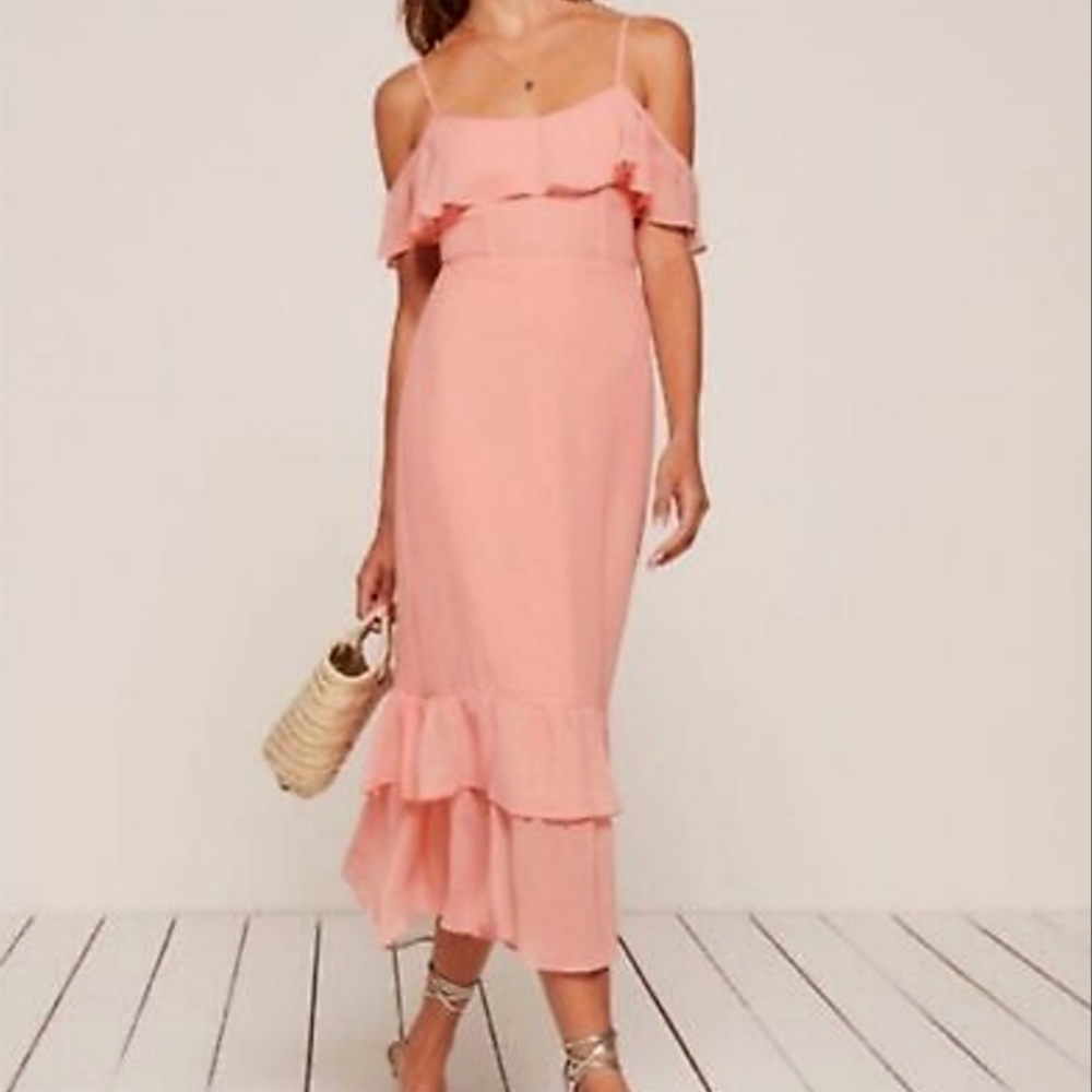 Reformation Odessa Pink Rose Off Shoulder Ruffles Hem Ankle Lenghth Dress